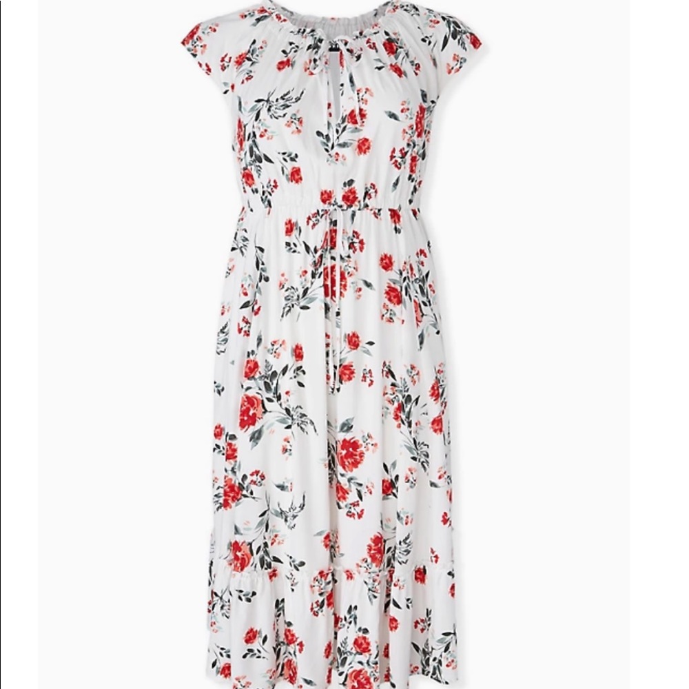 WHITE & RED FLORAL CHALLIS DRAWSTRING MIDI DRESS